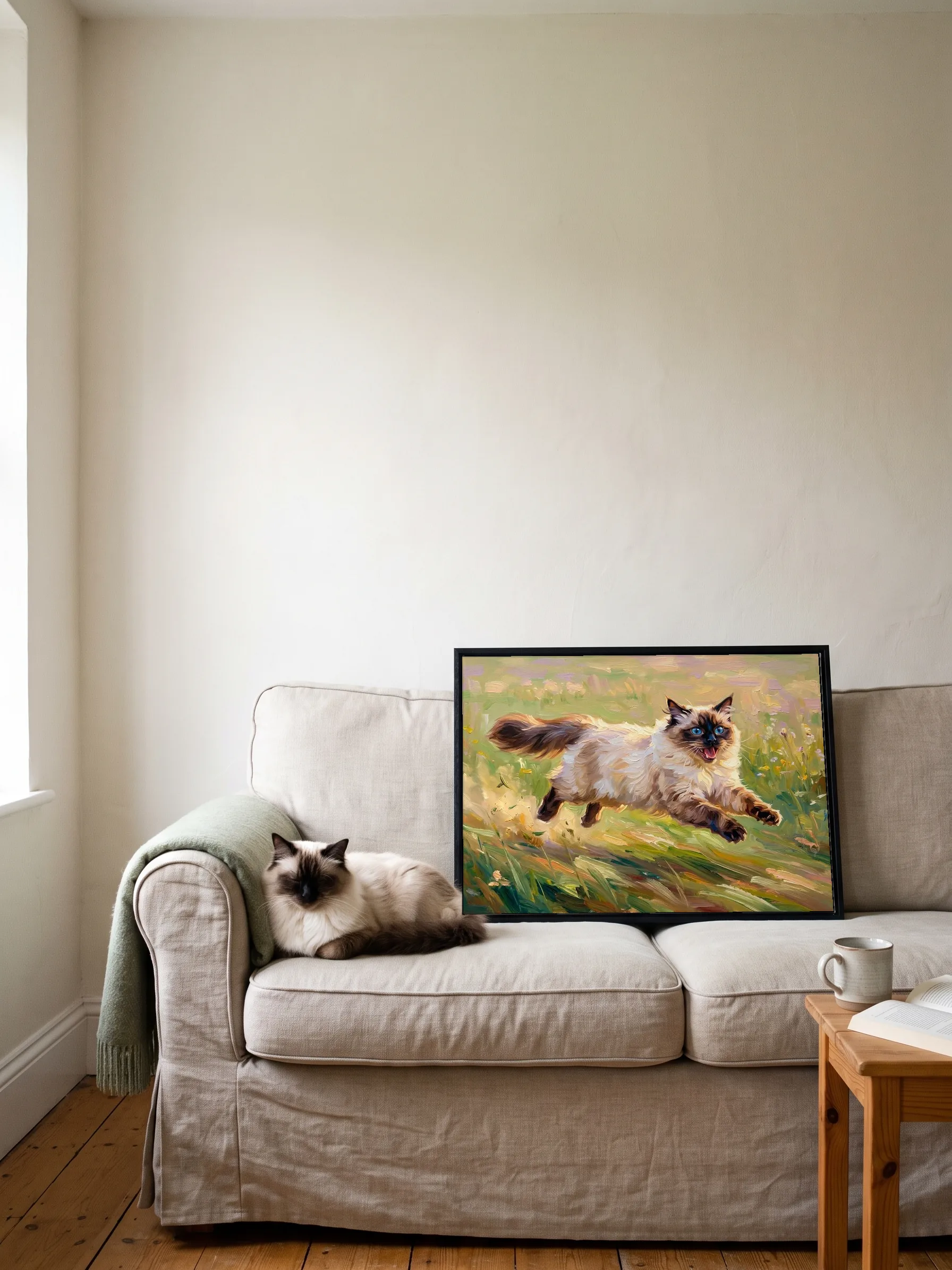 A ragdoll cat dozing on a linen sofa beside its own oil painting: a canvas in a slim black frame