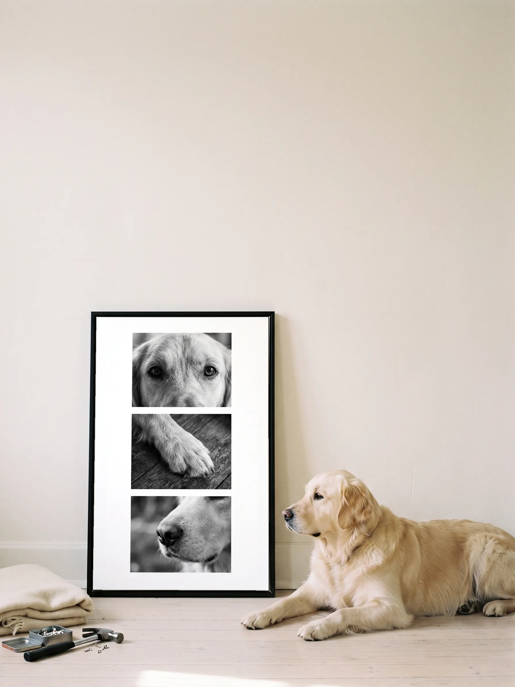 A golden retriever lying in profile beside its own three black-and-white studies: a canvas in a slim black frame leaning on a white wall