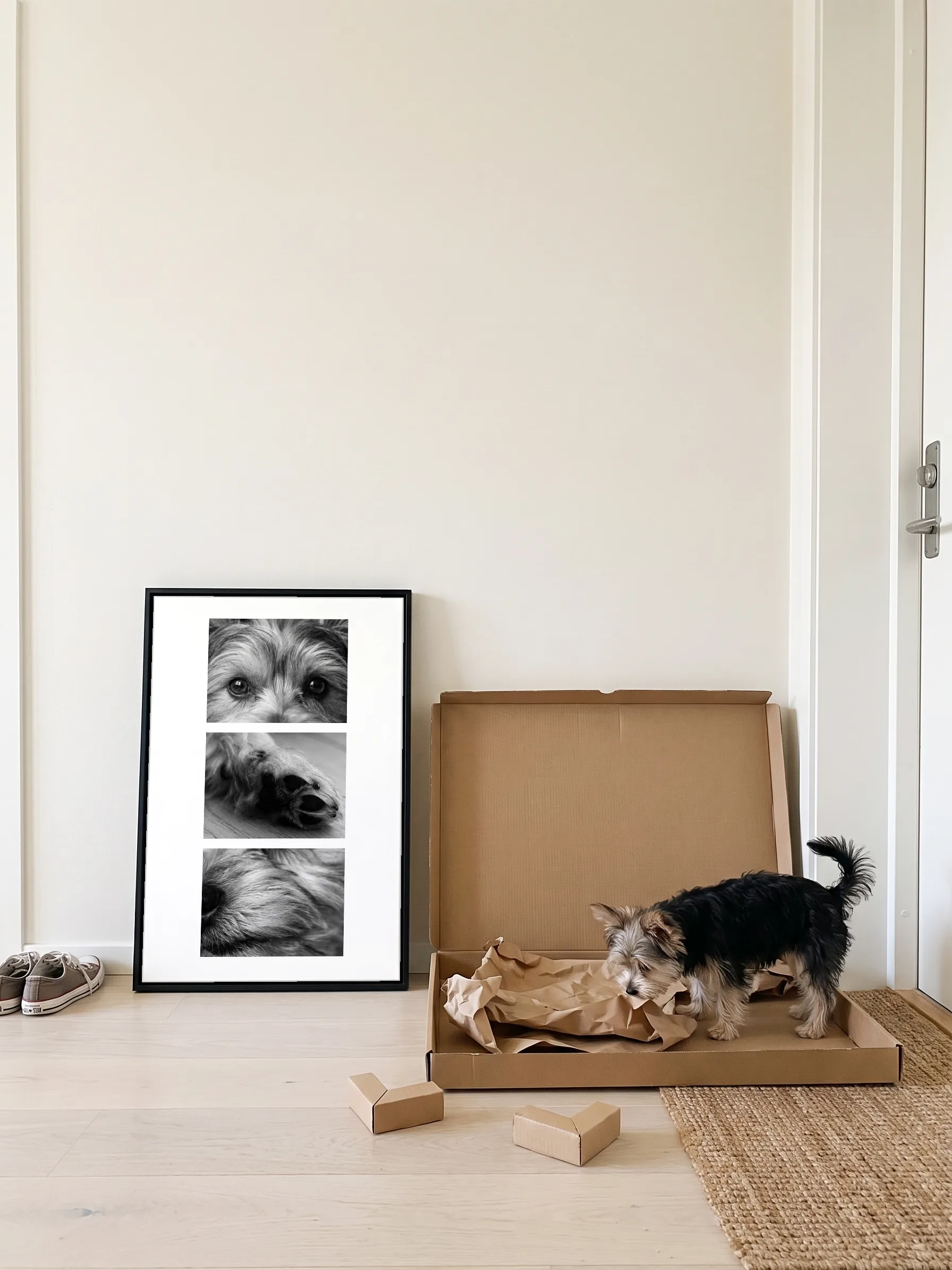 A Yorkshire terrier nosing the paper in the open flat carton its framed canvas came in; the canvas, three black-and-white studies of the dog, leans on the hallway wall