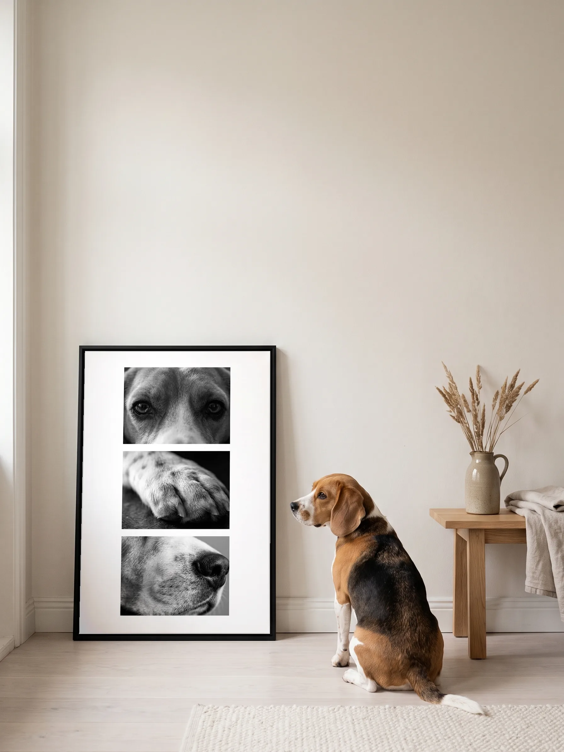 A beagle sitting on a pale wooden floor, seen from behind, looking back at its own three black-and-white studies: a framed canvas leaning on the wall