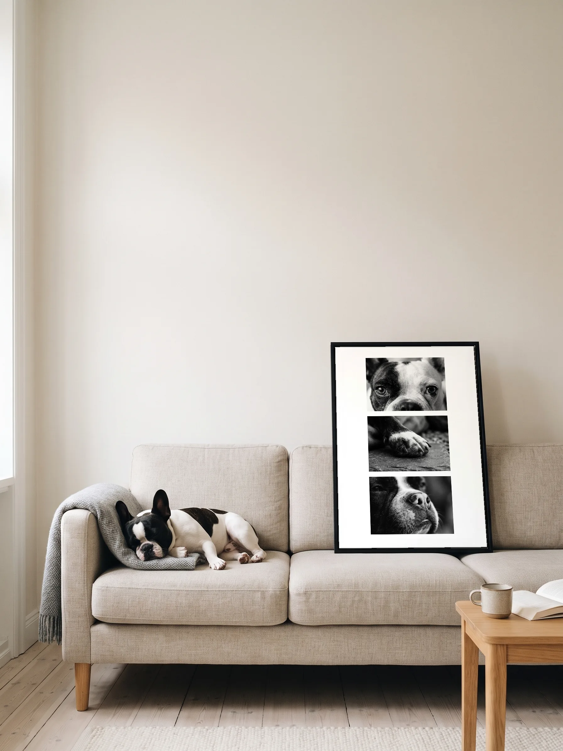 A black and white French bulldog asleep on a linen sofa beside its own three black-and-white studies: a canvas in a slim black frame