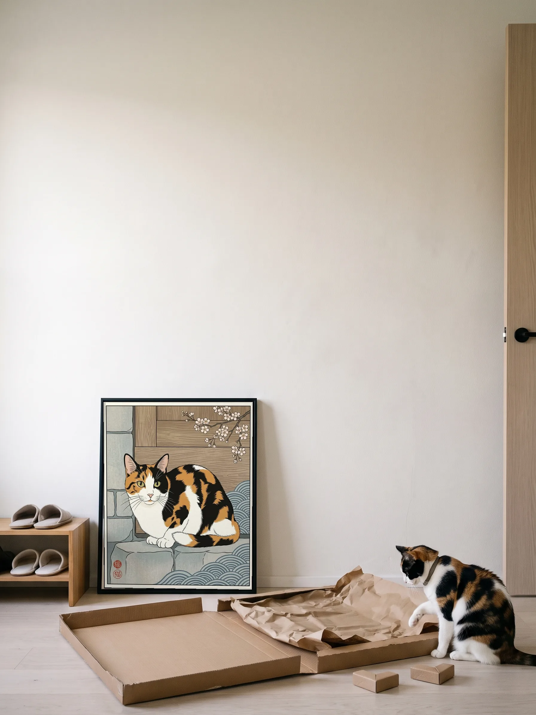 A calico cat pawing at the kraft paper of the open carton its framed canvas portrait came in; the portrait leans on the wall by the front door