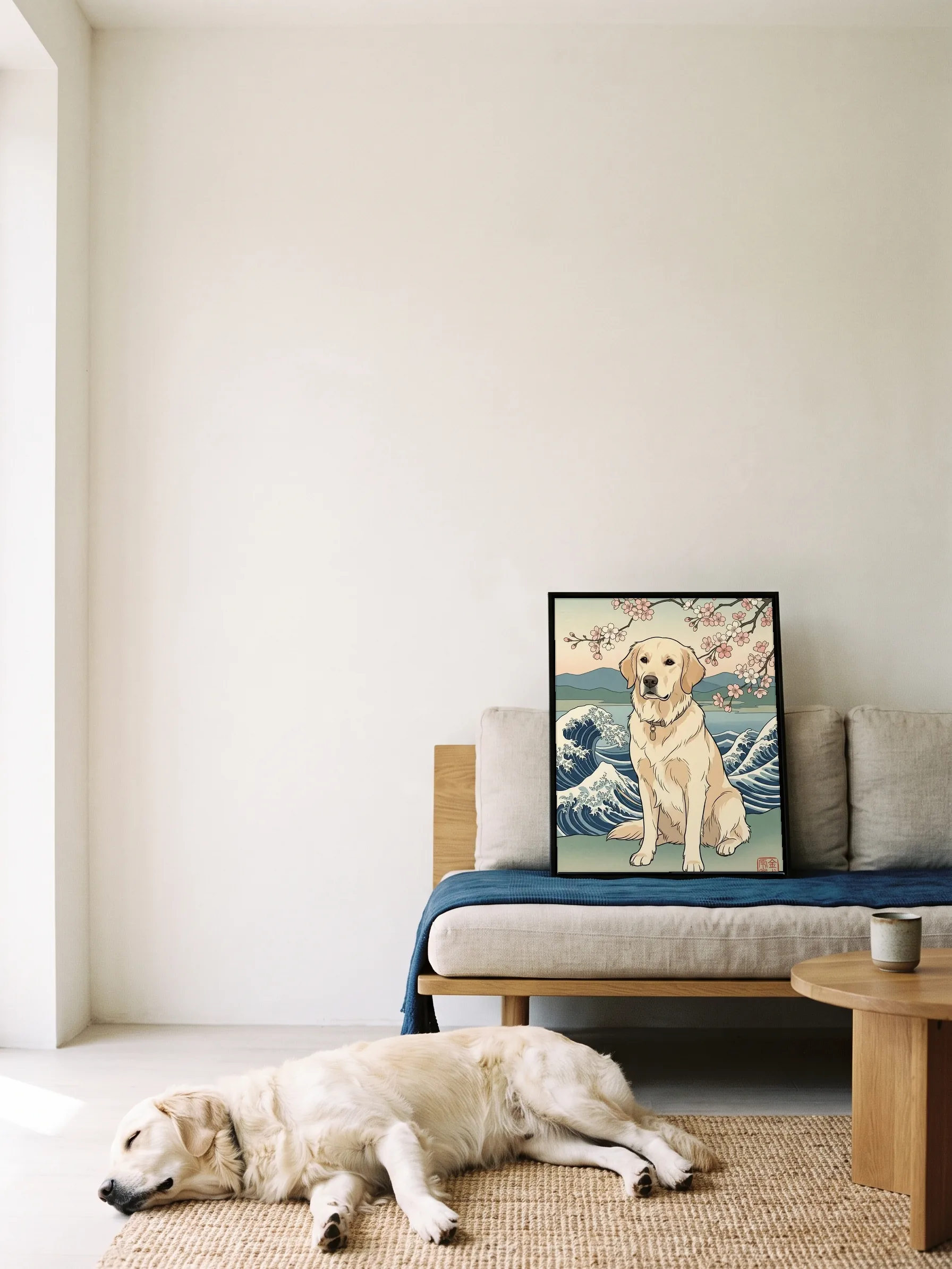 A golden retriever asleep on a straw mat in front of a low sofa; its own woodblock-style portrait, a canvas in a slim black frame, stands on the seat