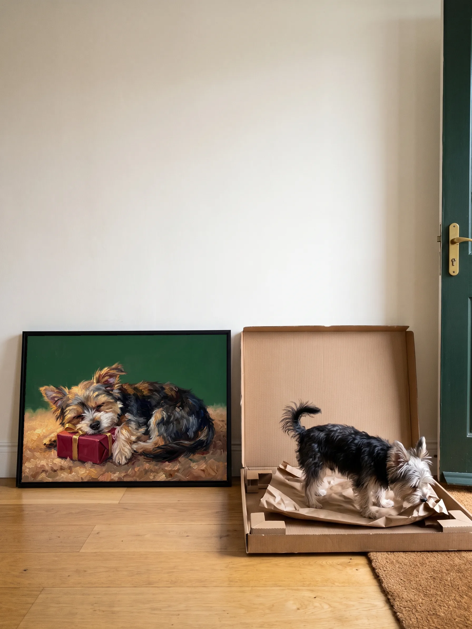 A Yorkshire terrier nosing the paper in the open flat carton its framed canvas painting came in; the wide painting leans on the hallway wall