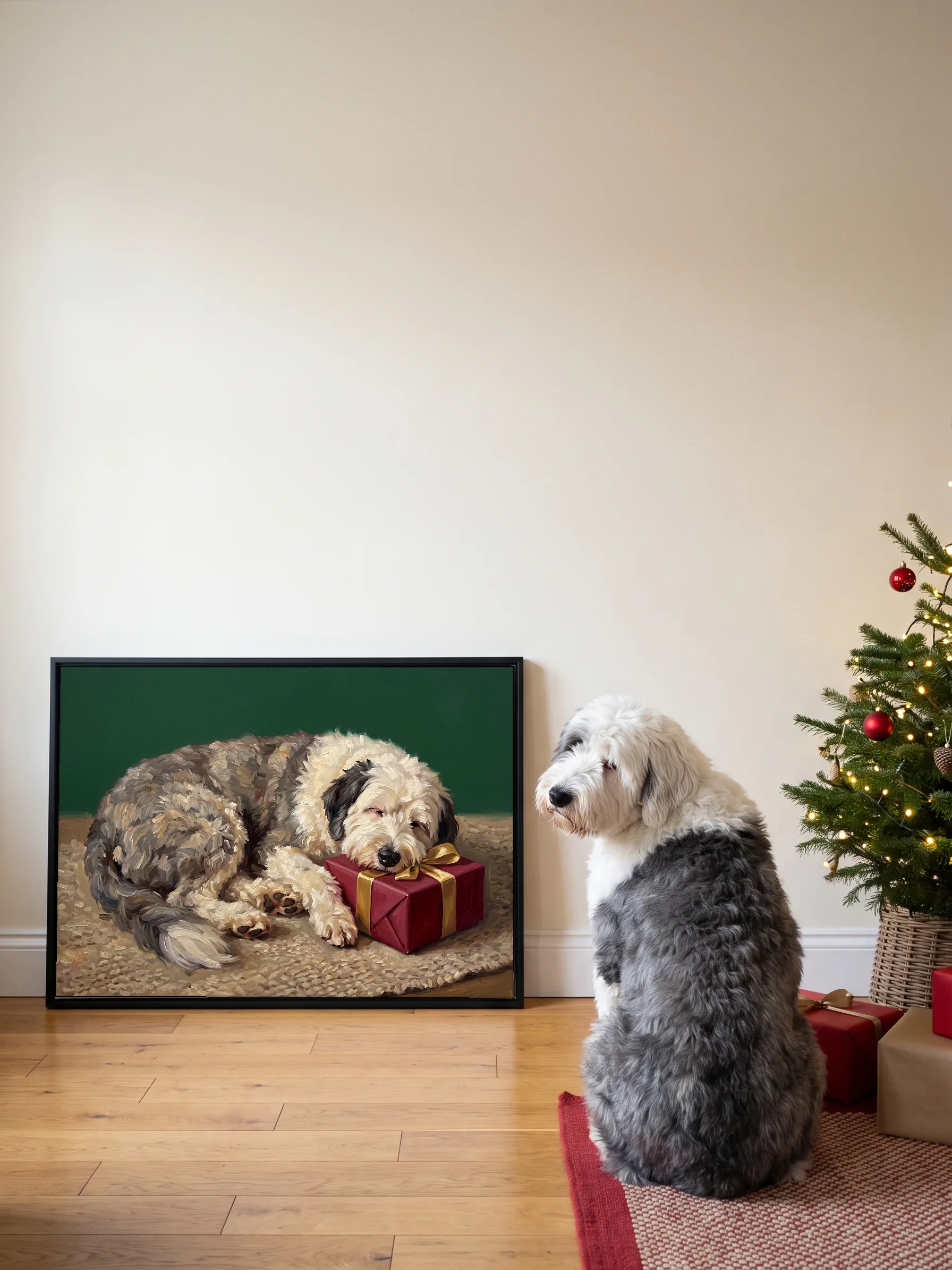 An Old English sheepdog sitting on a rug by a small Christmas tree, looking back at its own oil painting: a wide framed canvas leaning on the wall