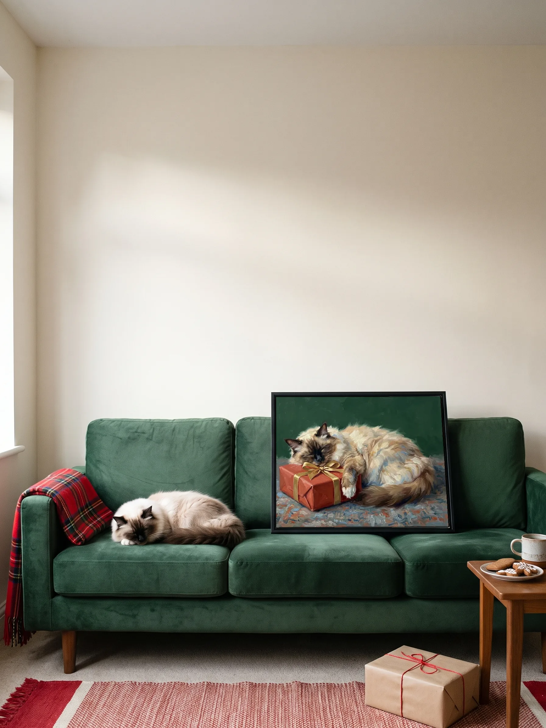A ragdoll cat asleep on a green velvet sofa beside its own oil painting: a wide canvas in a slim black frame