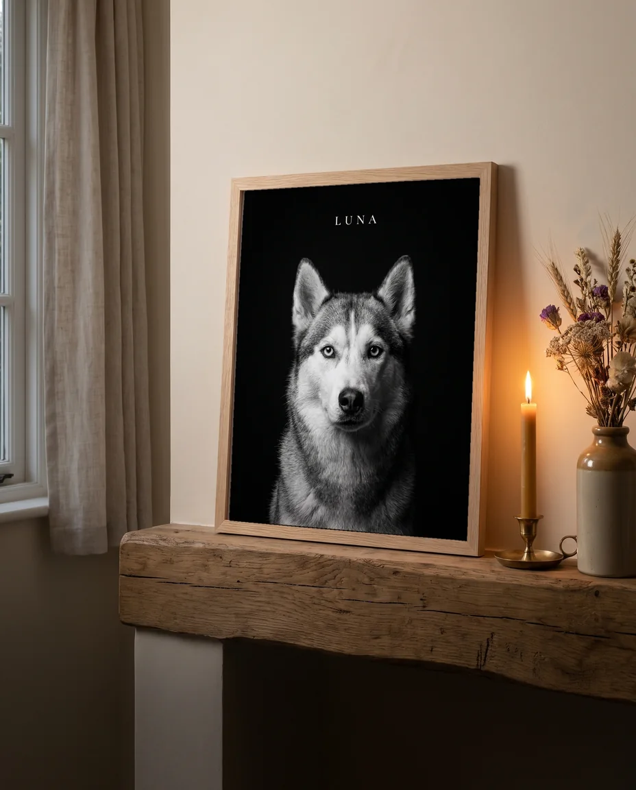 A framed Noir portrait of a husky on a mantel beside a lit candle
