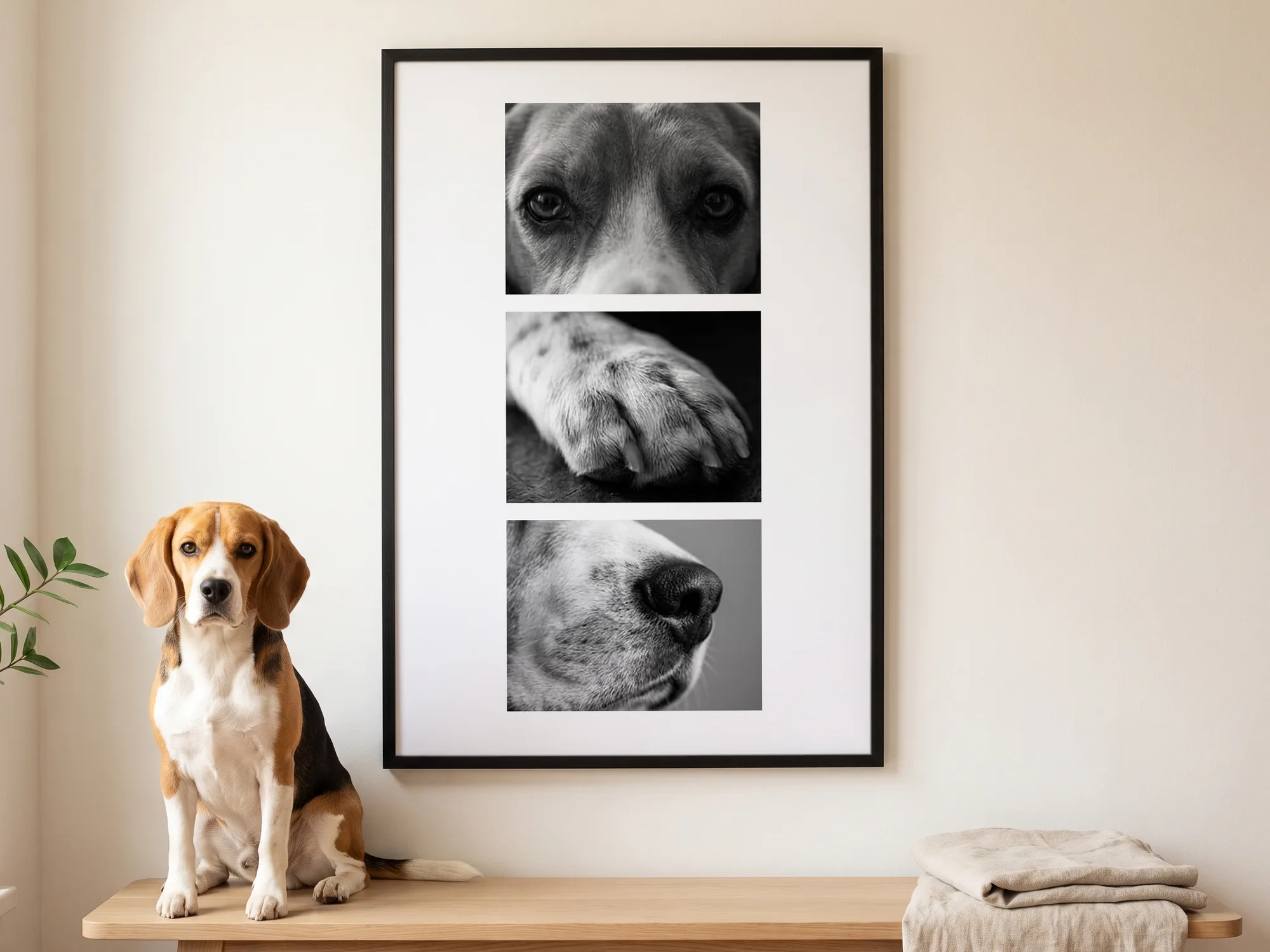 A beagle sitting on an oak bench beside a tall black-framed print on the wall: three black-and-white close-ups of the beagle in one column on white paper, its eyes, a paw, and its nose
