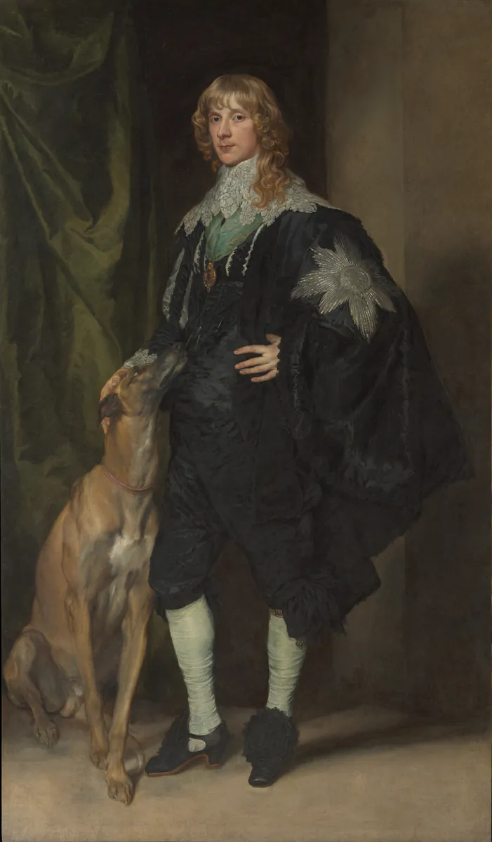 A young nobleman in black silk with a large silver star on his cloak, a tan greyhound leaning against his hip