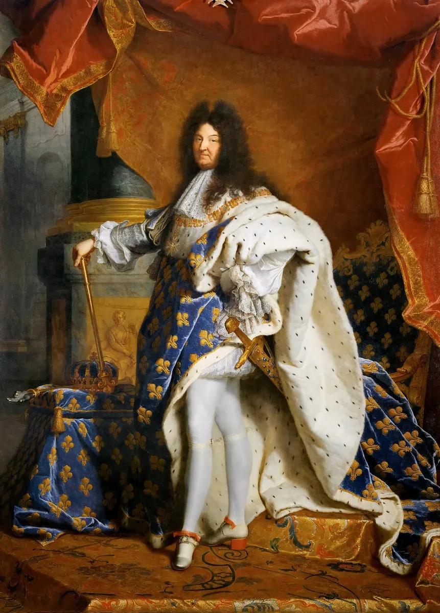 Louis XIV standing in a blue mantle sewn with gold fleurs-de-lis and lined with white ermine, under a red curtain
