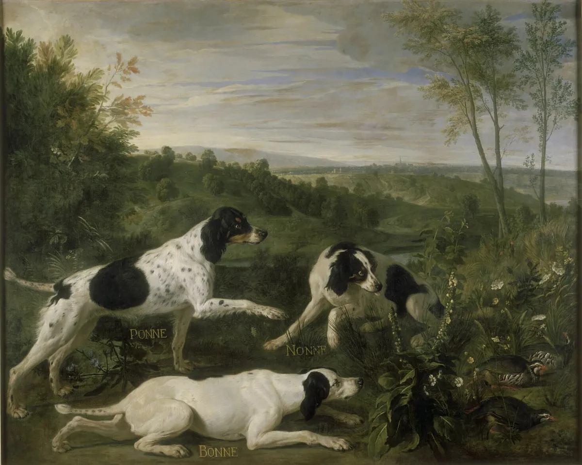 Three white and black hunting dogs pointing at partridges in a landscape, each with its name painted in gold beside it