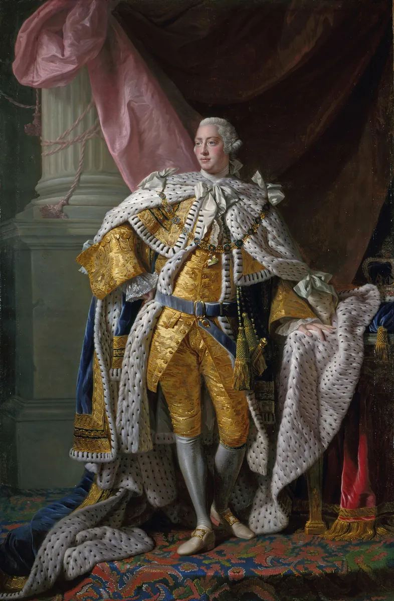 George III standing in a gold suit under a long robe of spotted white ermine, beside a column and a red curtain