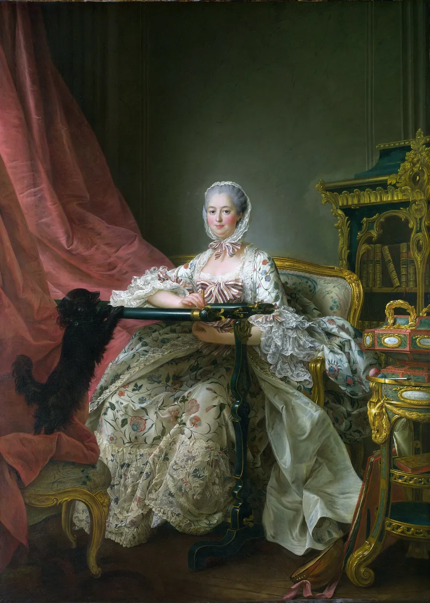 A seated woman in a flowered silk dress at an embroidery frame, a small black dog standing on a stool with its paws on the frame