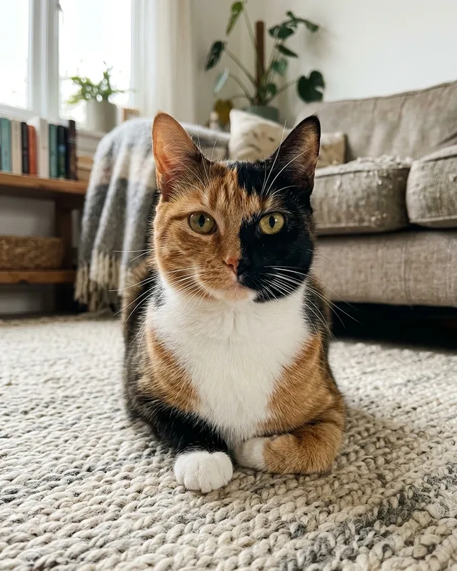 A calico cat lying on a rug, photographed at its eye level, looking into the camera