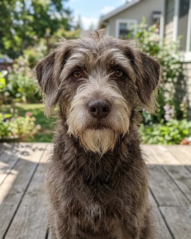 A scruffy grey terrier on a porch, its head and shoulders filling the picture