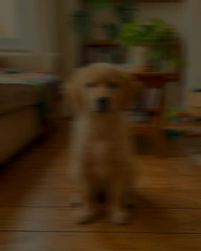 The same puppy in a dim room, smeared by movement