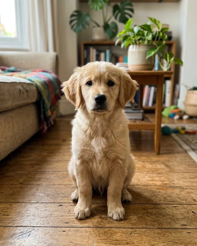 A golden retriever puppy sitting on a wooden floor by a window, sharp and evenly lit
