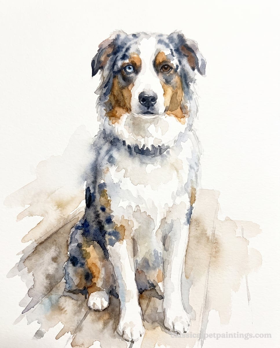 A blue merle Australian shepherd with copper points, a white blaze, one pale blue eye and one brown eye and a dark collar, sitting, in loose watercolor washes on white paper