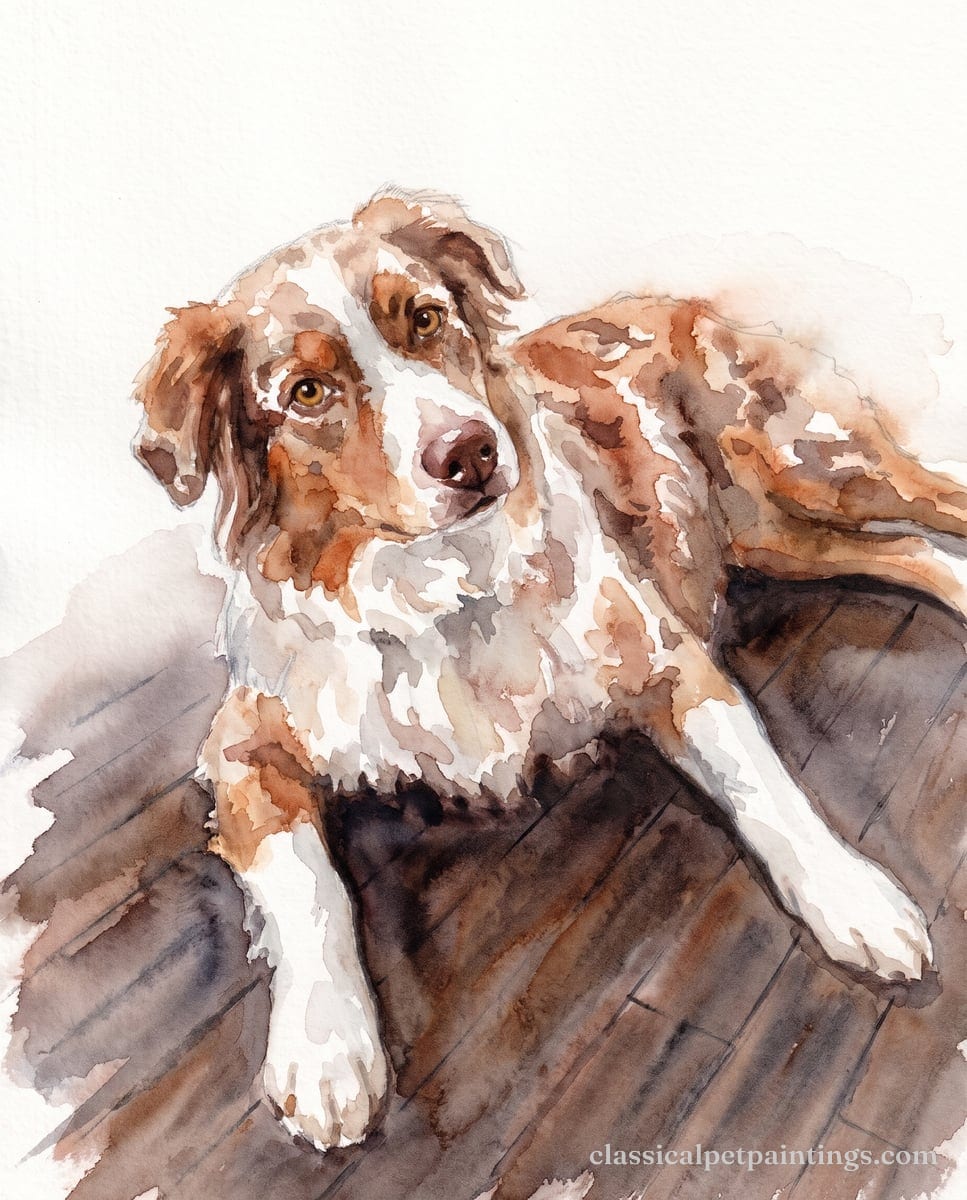 A red merle Australian shepherd with amber eyes and a liver nose lying on a wooden floor with its head tilted, in rust and fawn watercolor washes
