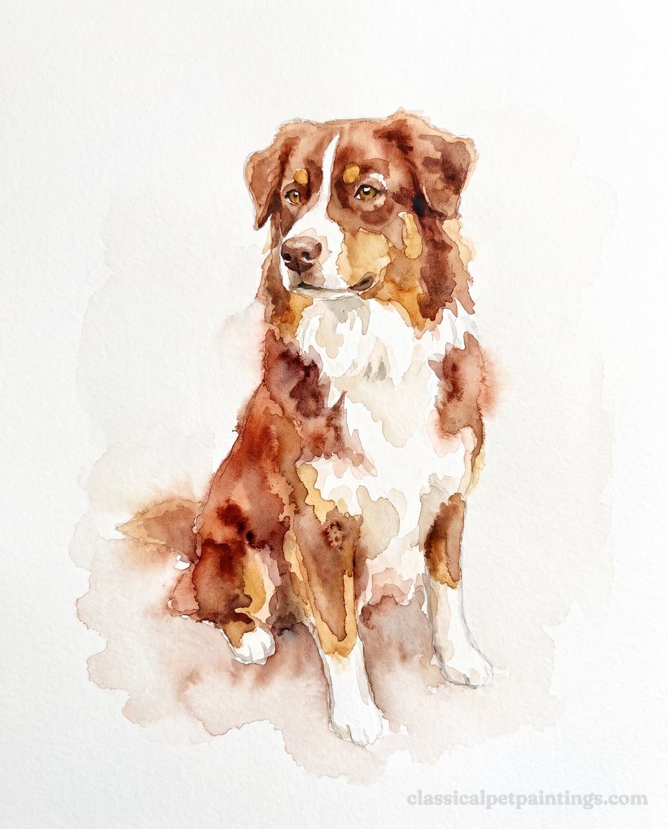 A red tricolor Australian shepherd with a white collar, copper brows and amber eyes, sitting and looking to one side, in rust and ocher watercolor on white paper