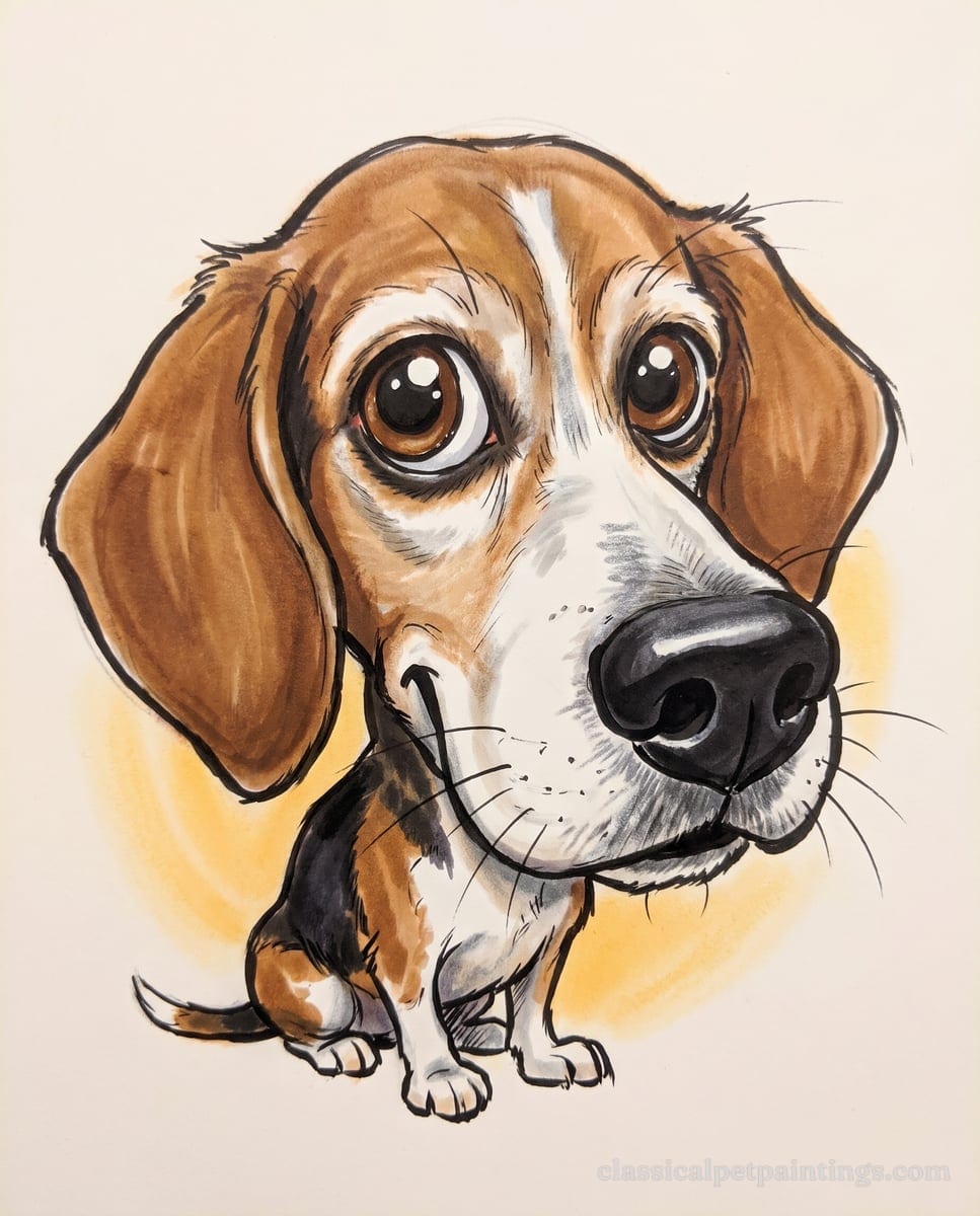 Caricature of an older Beagle with a graying muzzle and big brown eyes, sitting with its huge black nose turned to one side, on a golden halo