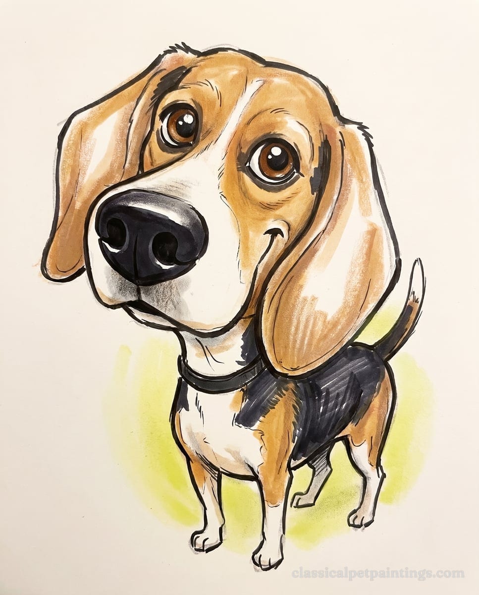 Caricature of a tricolor Beagle with a huge black nose, long tan ears, a black saddle and a white-tipped tail, standing on a pale green halo