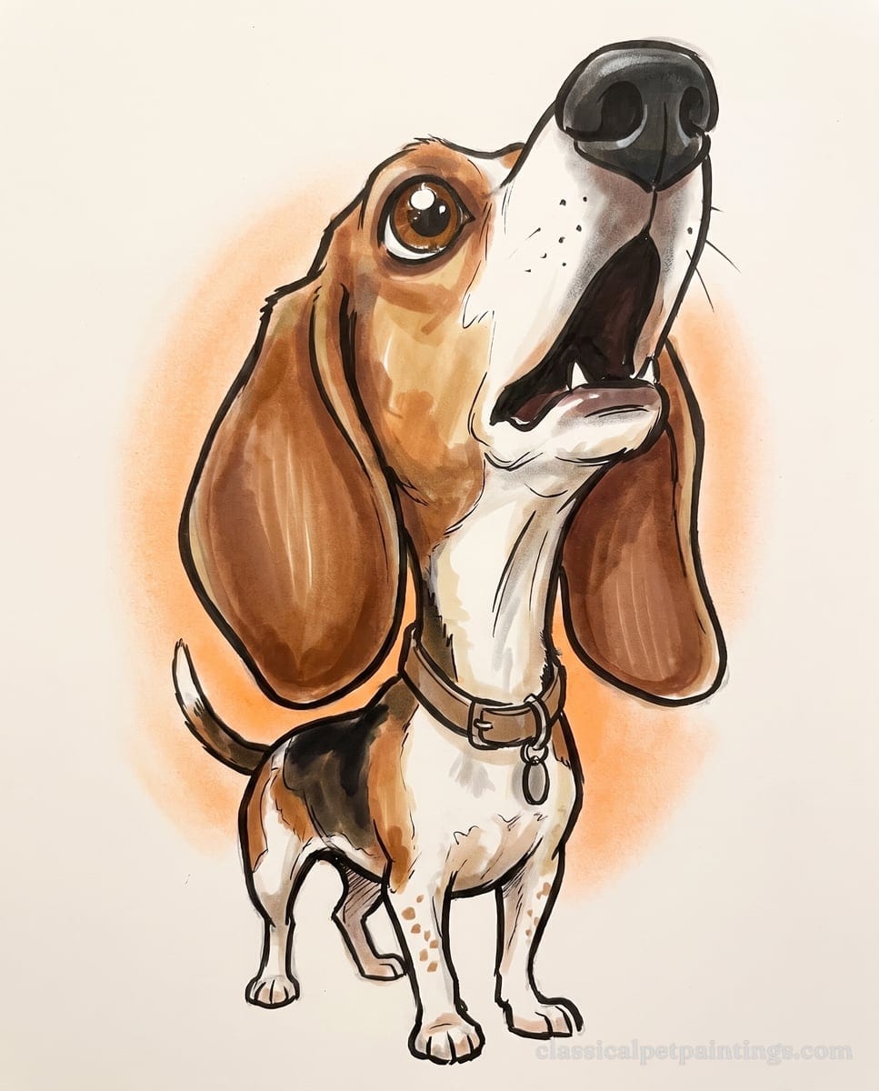 Caricature of a tricolor Beagle howling with its head thrown back, long brown ears hanging and a tag on its collar, against an orange halo