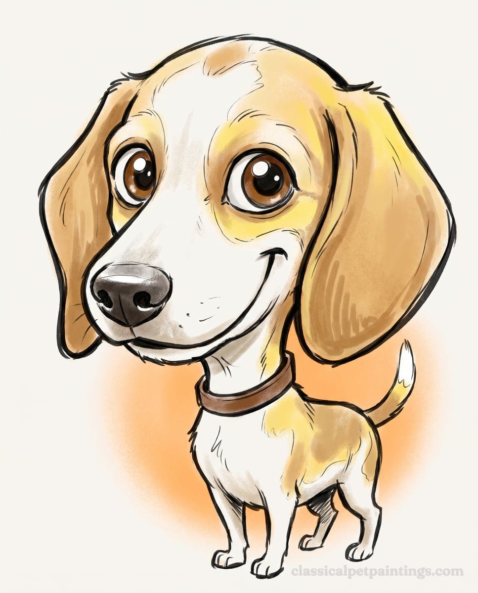 Caricature of a lemon and white Beagle with pale golden ears, a white blaze, a brown collar and a white-tipped tail, on a soft orange halo