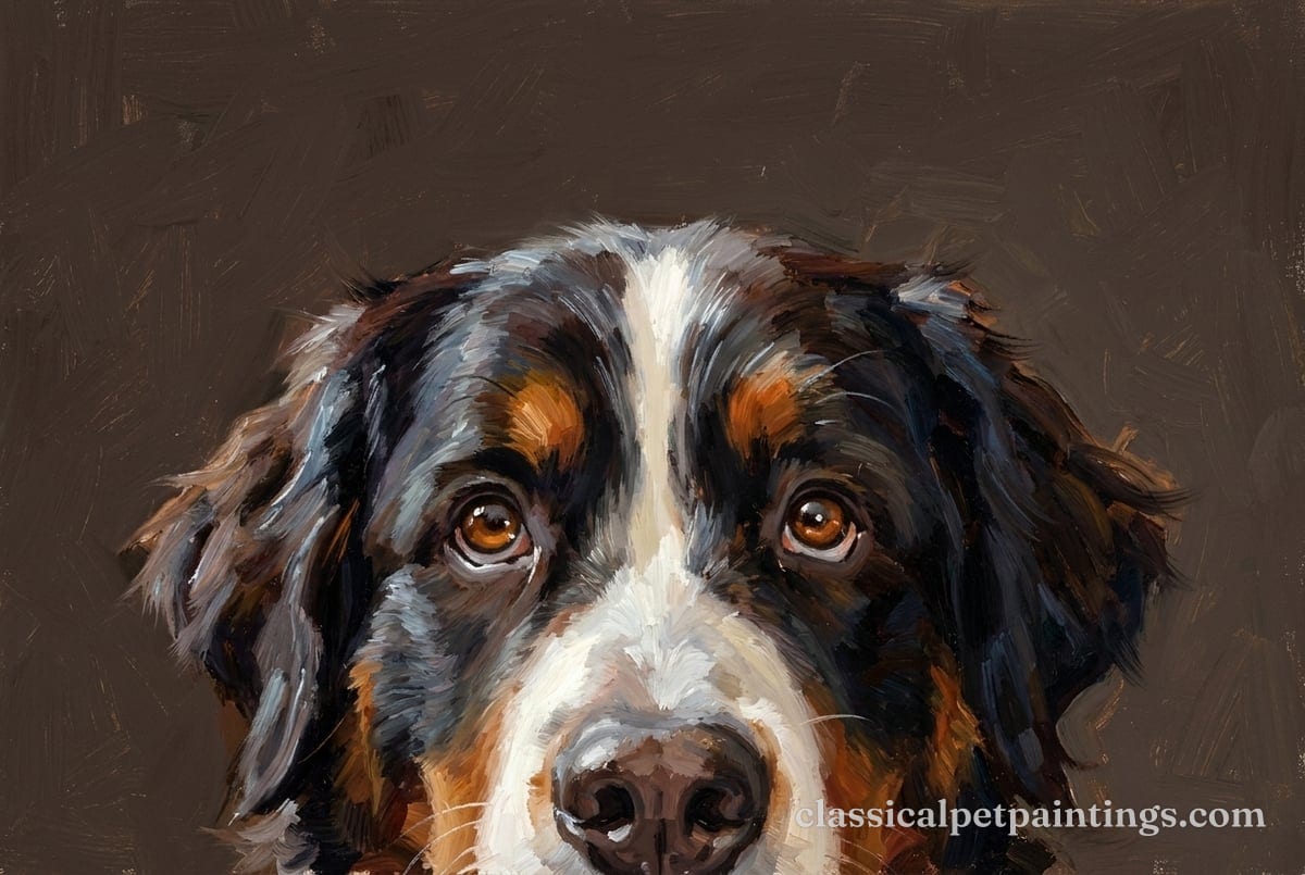 A Bernese mountain dog's head rising from the bottom edge, rust spots over amber eyes, a white blaze and muzzle, the black coat lit with blue-gray strokes on a brown ground