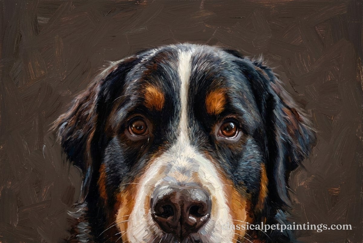 A tricolor Bernese mountain dog with a narrow white blaze, rust brows and a white muzzle, its brown eyes lifted from the bottom edge of a painting on a dark brown ground