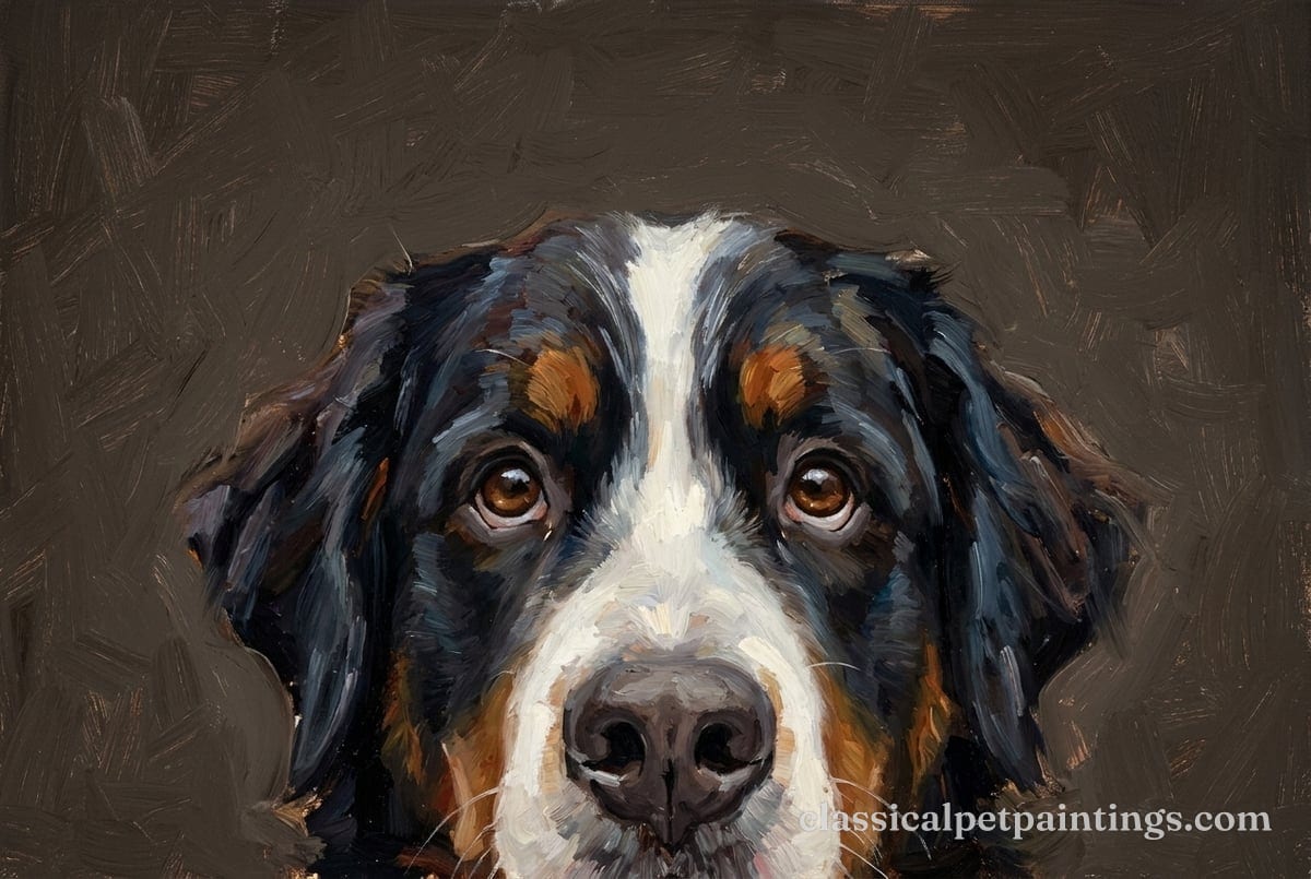 A Bernese mountain dog looking up, a white blaze between rust eyebrow spots and a broad white muzzle, painted in loose dark strokes on a brown ground