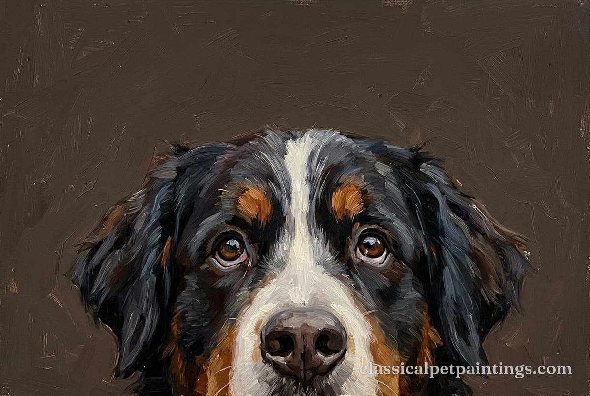 A Bernese mountain dog with a white blaze, rust brows and rust cheeks, warm brown eyes turned up, its black coat brushed in blues and grays on a deep brown ground
