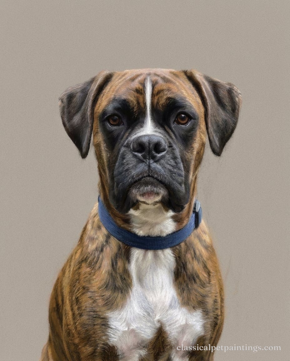 Pastel Study head and shoulders of a brindle Boxer with a black mask, a narrow white blaze, a white chest and a blue collar, on a warm gray ground