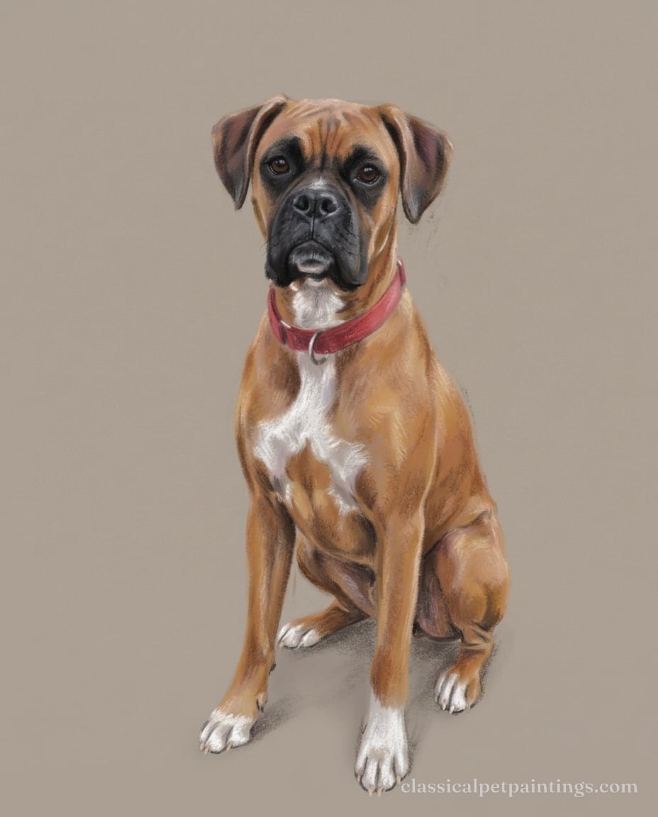 Pastel Study painting of a red fawn Boxer with a black mask, a white chest blaze and white feet, sitting square in a red collar on a warm gray ground