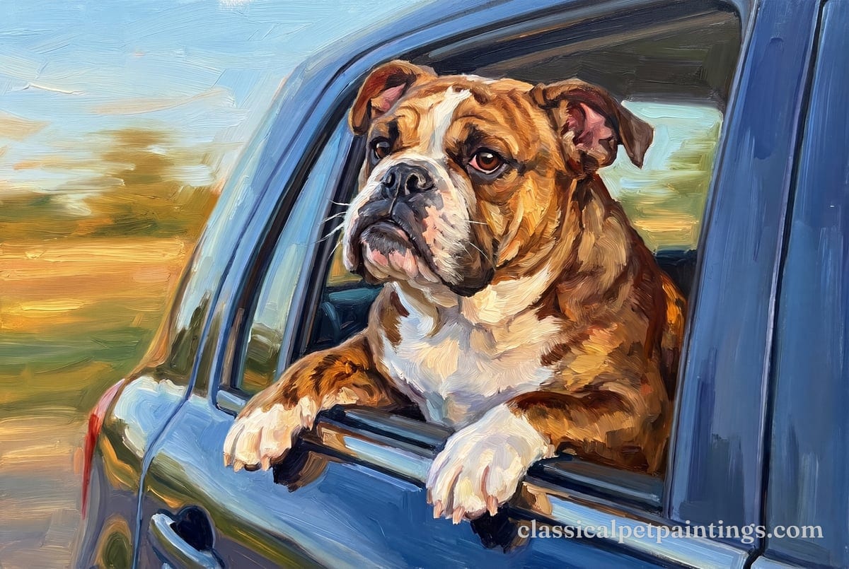 A red brindle and white Bulldog with a white blaze and a white chest leans out of a blue car window, front paws on the sill, fields blurred gold behind