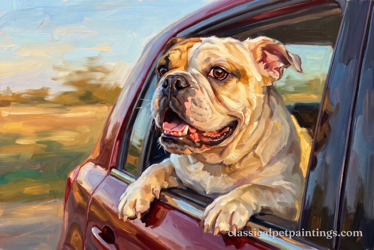 A pale cream Bulldog with a fawn patch over one eye and ear grins out of the window of a deep red car, both front paws on the sill