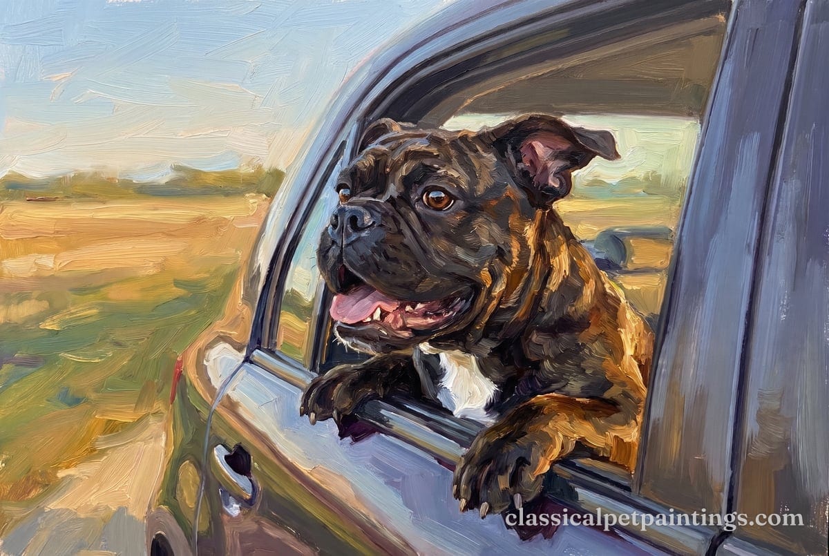 A dark brindle Bulldog with a white chest, mouth open in a pant and one rose ear blown back, leans out of a gray car window into the evening light
