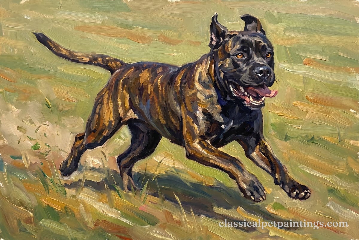 A black brindle Cane Corso with cropped ears running flat out across a sunlit field, mouth open and tongue out, its stripes painted in gold and brown