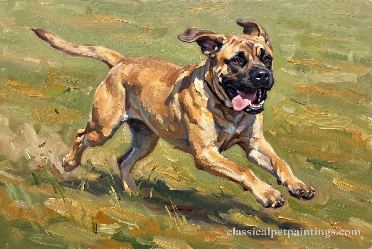 A fawn Cane Corso with a black mask and folded natural ears bounding across green and ocher grass, tongue out, its legs at full stretch
