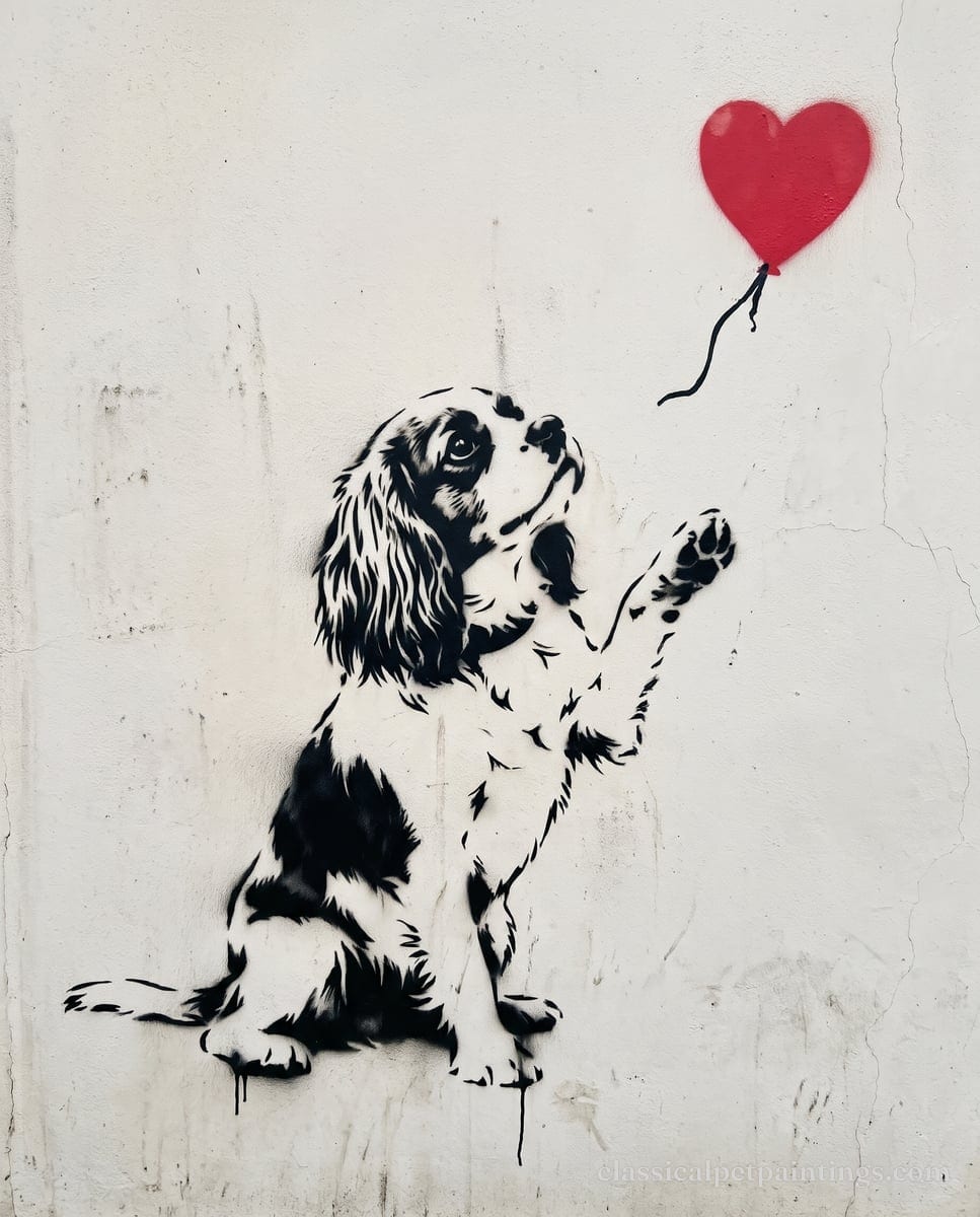 A Cavalier King Charles spaniel puppy stenciled in black on a white wall, seen in profile with dark ears and eye patch, reaching a front paw toward a red heart balloon