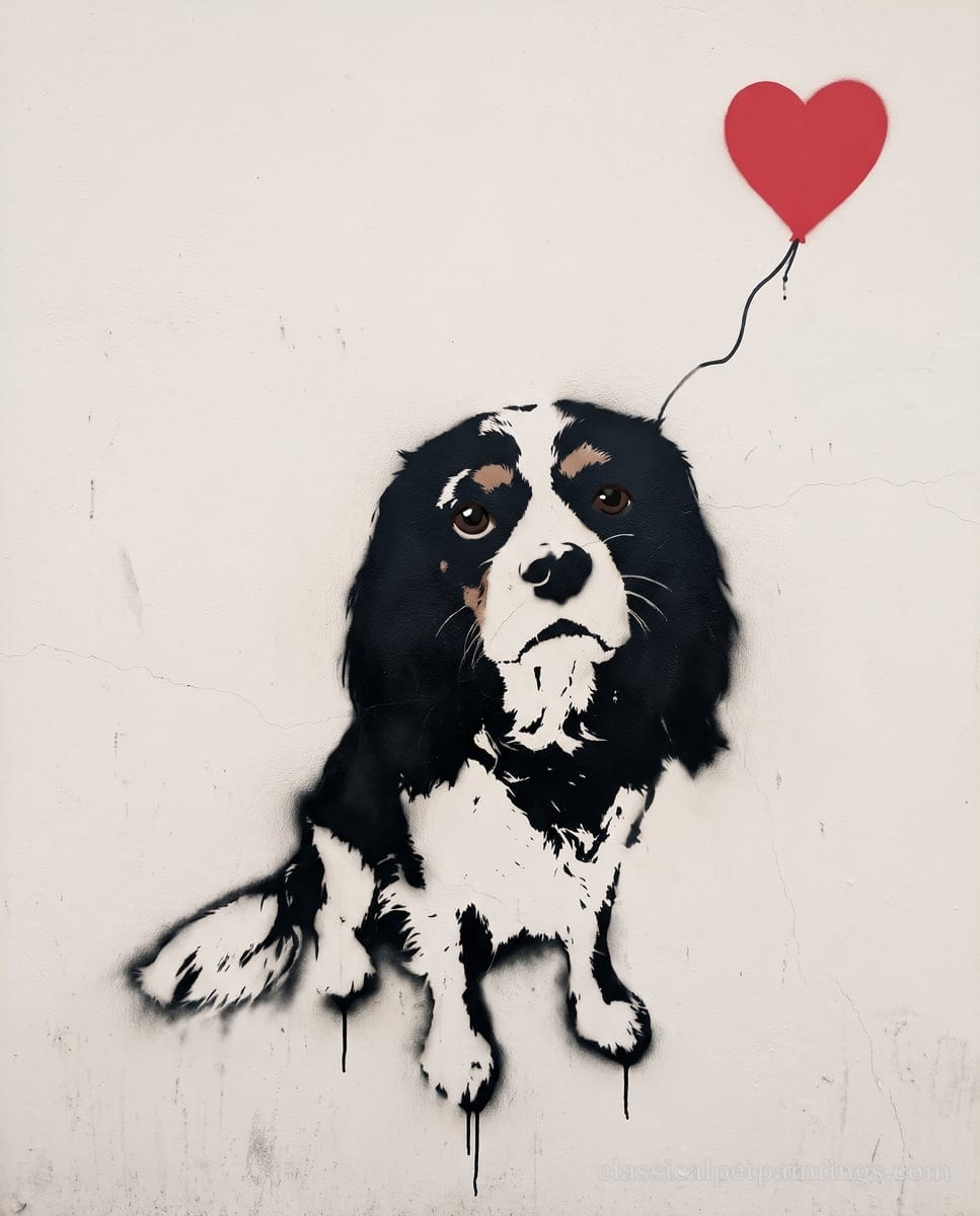 A tricolor Cavalier King Charles spaniel in black stencil paint with tan brows and brown eyes, sitting under a red heart balloon, a feathered tail at its side