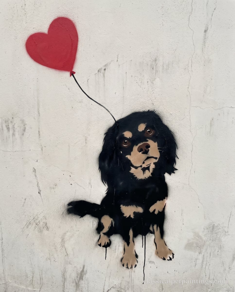 A black and tan Cavalier King Charles spaniel stenciled in black with tan brows, muzzle, chest and legs, head tilted, a red heart balloon floating beside it