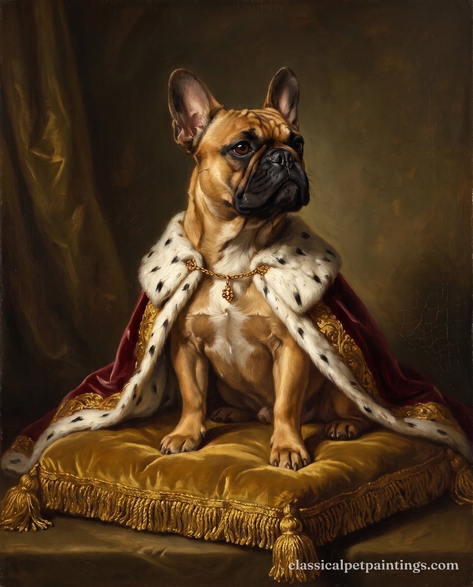 A red fawn French bulldog with a black mask in an ermine cloak and a gold chain, seated on a fringed gold velvet cushion in an old-master oil portrait