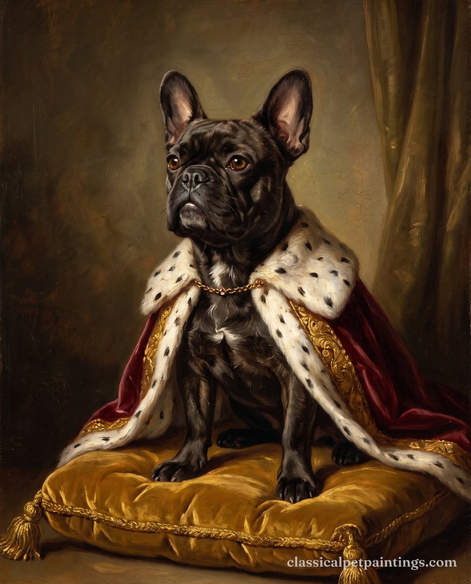 A black brindle French bulldog with a white blaze, painted as an 18th-century royal in an ermine-trimmed red velvet cloak, seated on a gold cushion