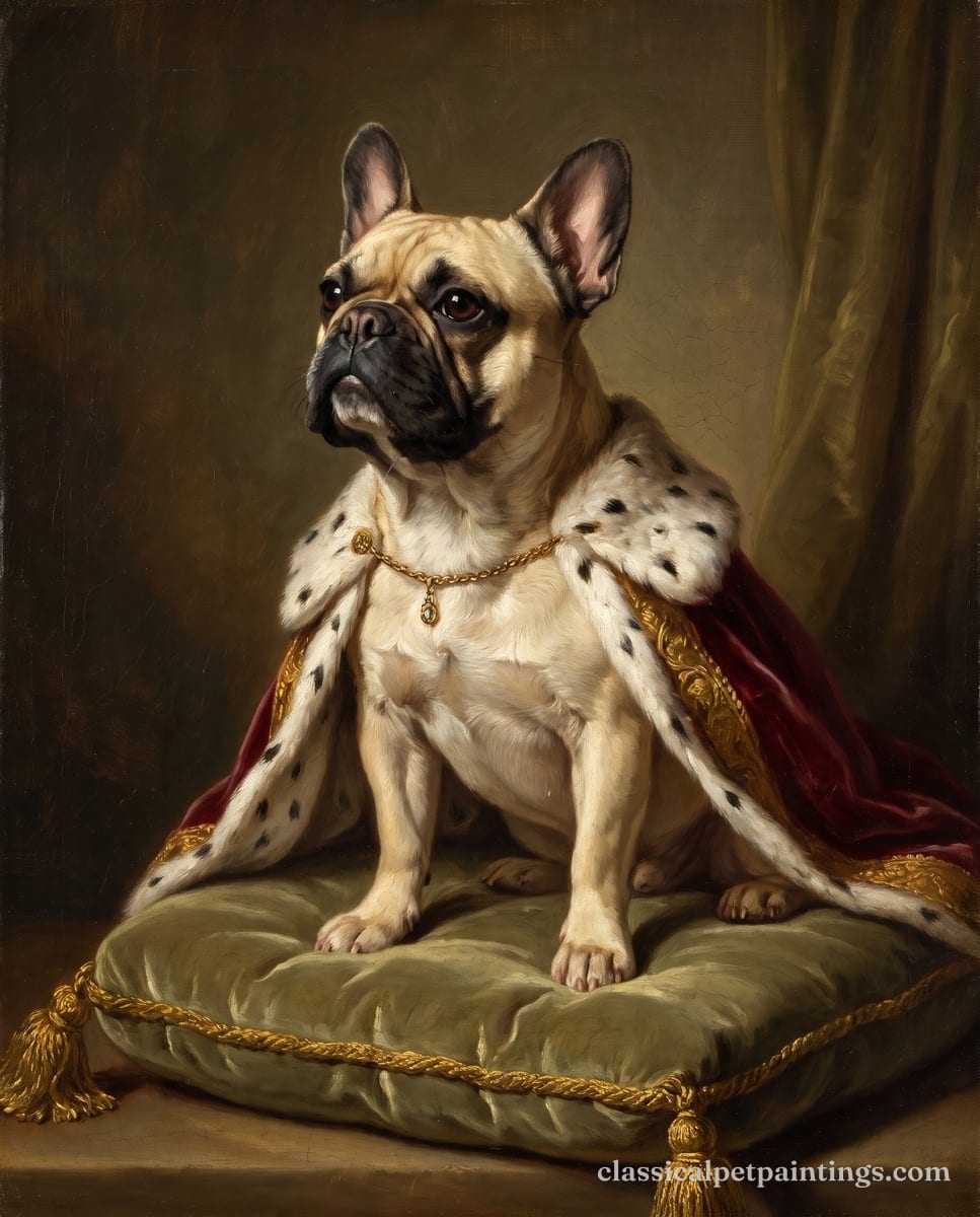 A cream French bulldog with a dark mask in an ermine-trimmed royal cloak, seated on a green velvet cushion with gold tassels
