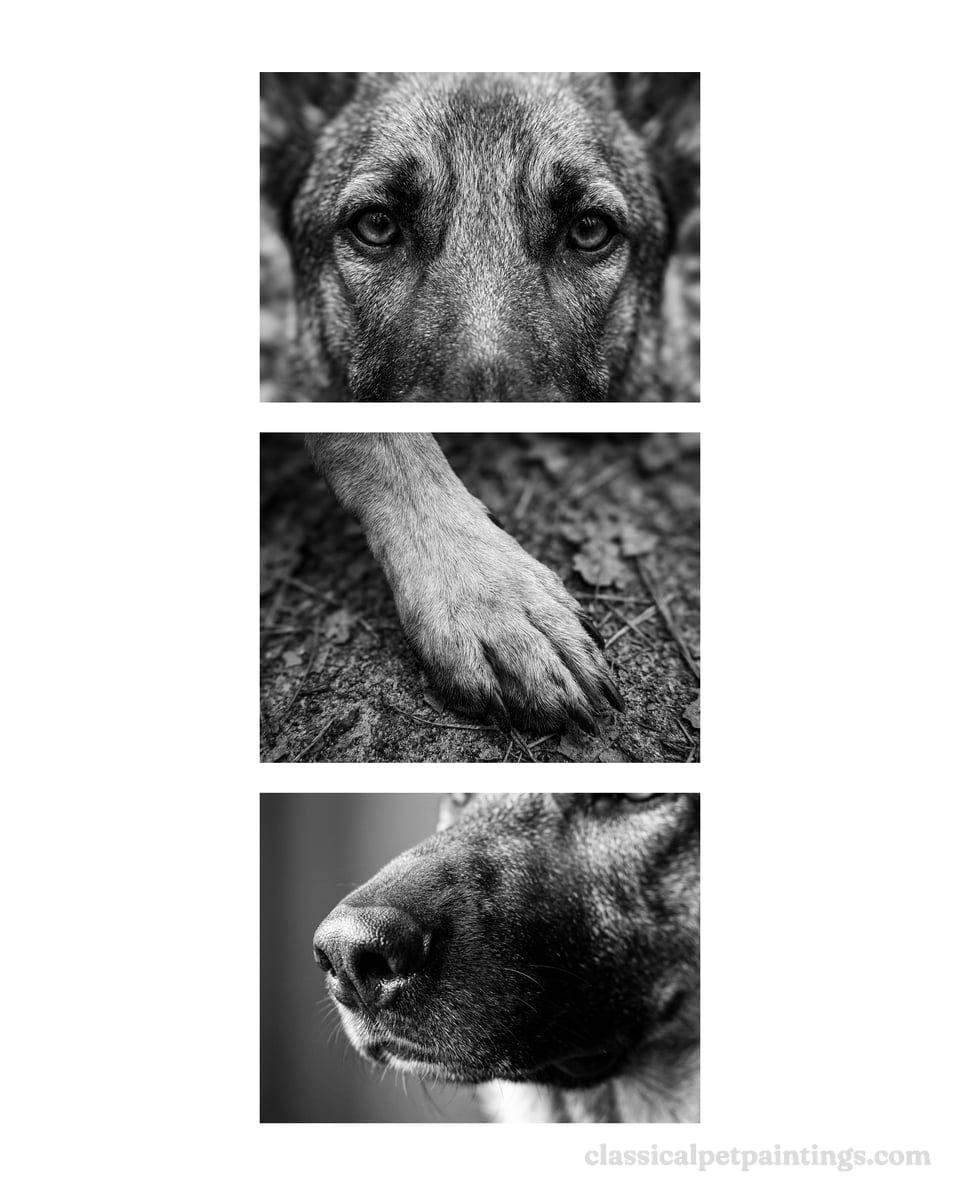 Three black-and-white studies of a sable German shepherd: the almond eyes, a front paw on the forest floor, and the nose and muzzle
