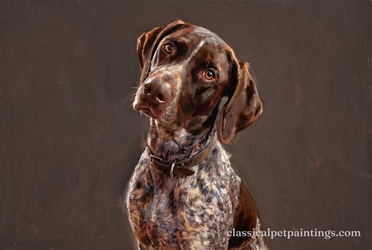 A liver roan German shorthaired pointer with a solid liver head, amber eyes and a leather collar, head tilted, in loose oil paint on a dark brown ground