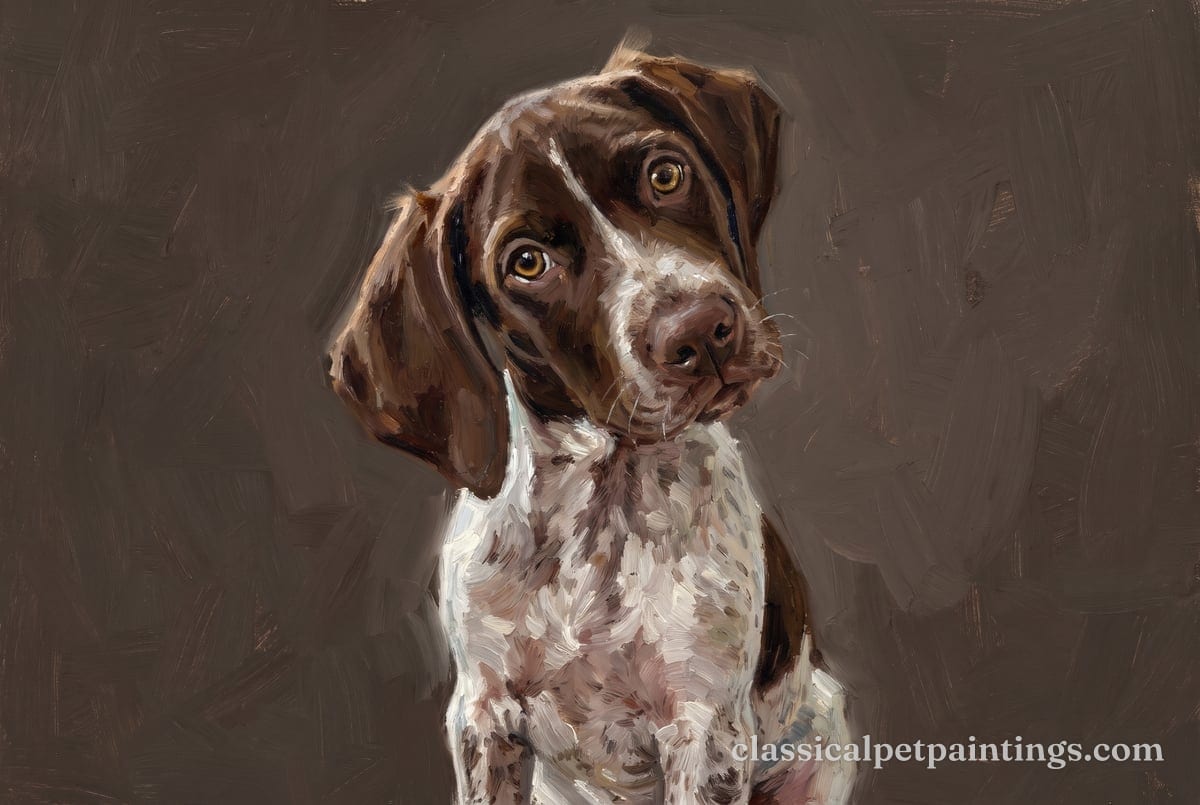 A German shorthaired pointer puppy with a liver head, a white stripe up the muzzle and a ticked white chest, head tipped to one side, in oil paint