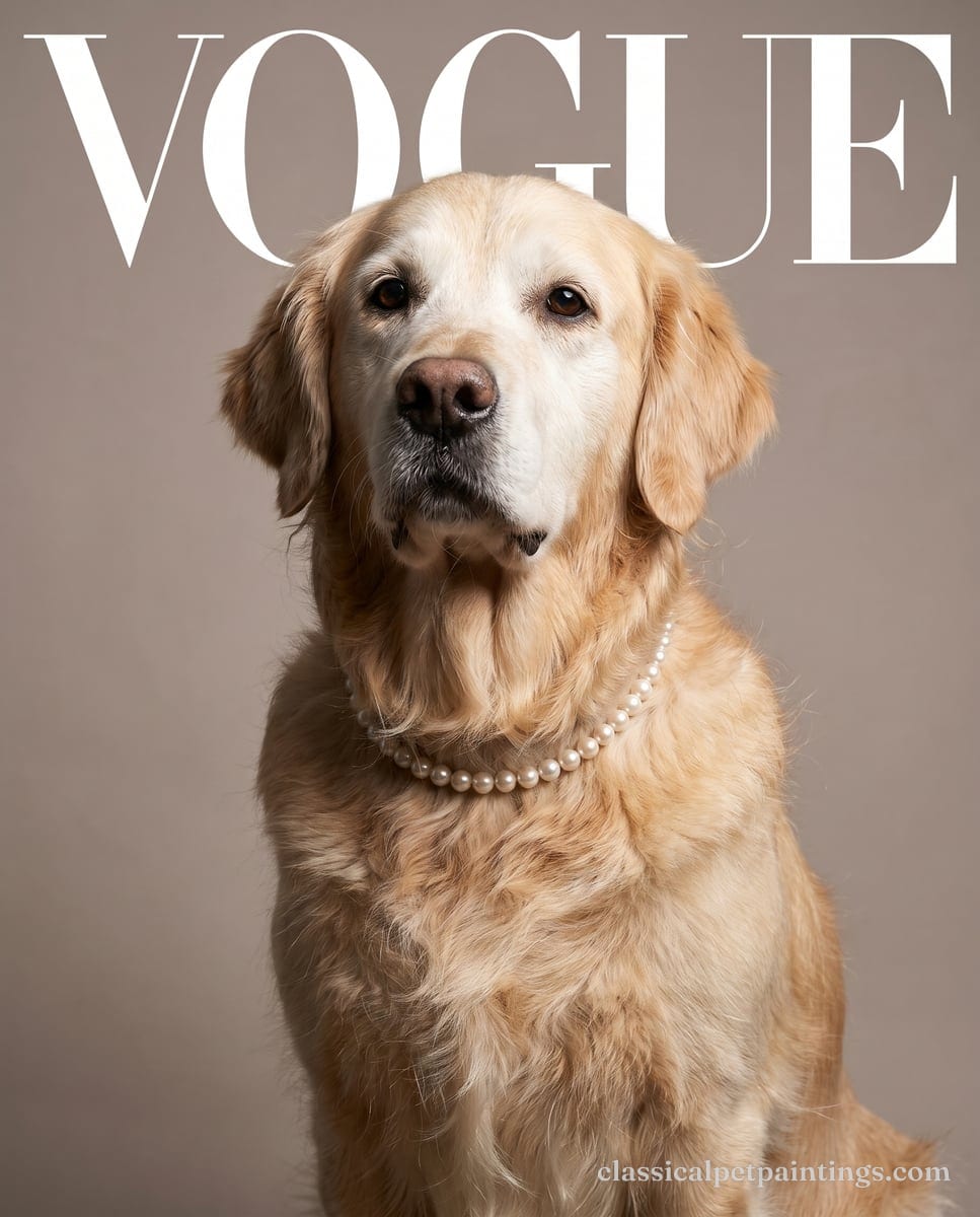 A senior Golden retriever with a whitened face and pearls on a magazine cover, a white serif masthead over a taupe backdrop