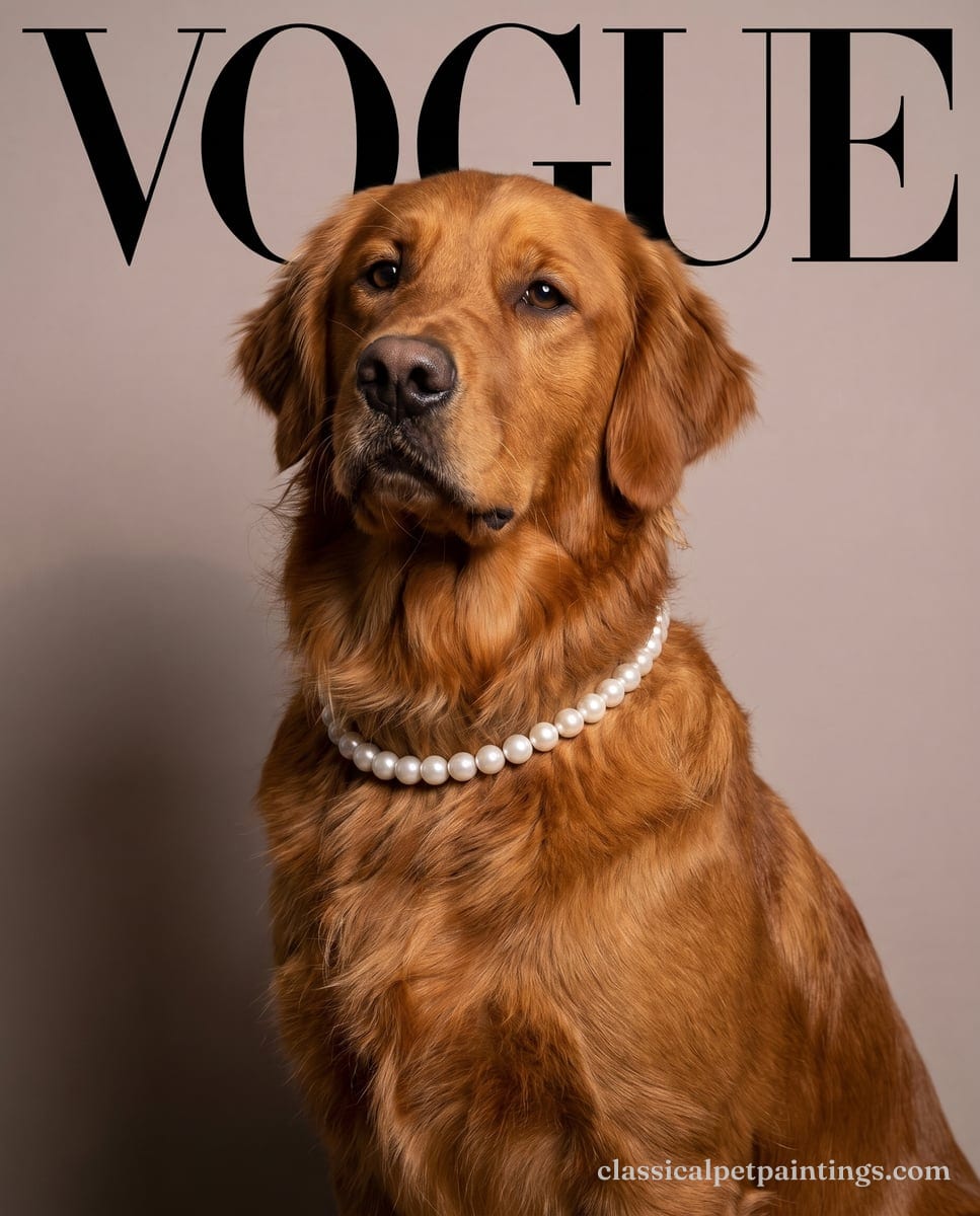 A deep red-gold Golden retriever wearing a string of pearls on a fashion-magazine cover, against a soft pink studio backdrop